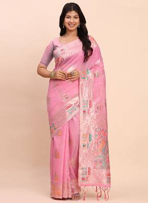 baby pink silk blend saree with meenakari paithani pallu 1
