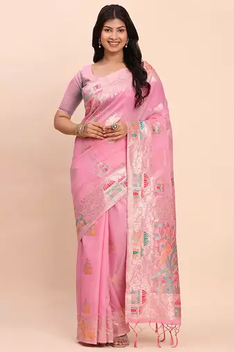 baby pink silk blend saree with meenakari paithani pallu