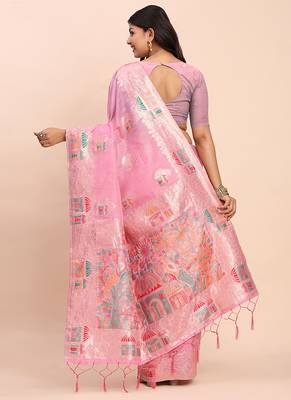 baby pink silk blend saree with meenakari paithani pallu 2