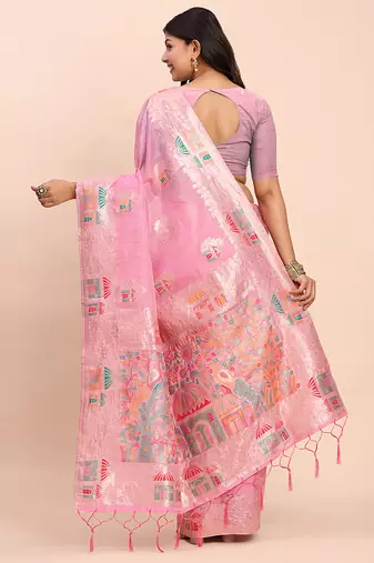 baby pink silk blend saree with meenakari paithani pallu