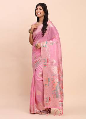 baby pink silk blend saree with meenakari paithani pallu 3