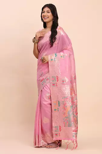 baby pink silk blend saree with meenakari paithani pallu