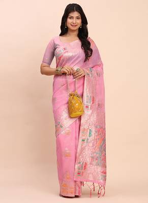 baby pink silk blend saree with meenakari paithani pallu 4