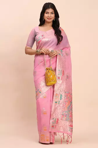 baby pink silk blend saree with meenakari paithani pallu