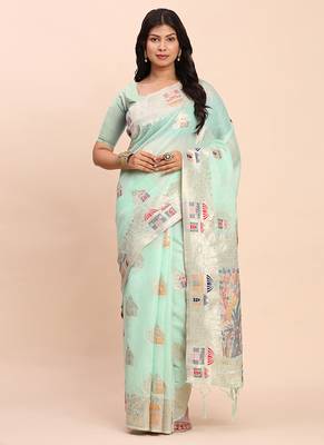 sea green silk blend saree with meenakari paithani pallu 1