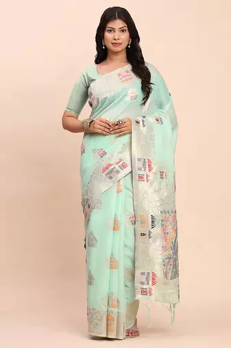 sea green silk blend saree with meenakari paithani pallu
