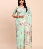 sea green silk blend saree with meenakari paithani pallu