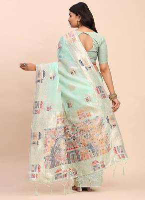 sea green silk blend saree with meenakari paithani pallu 2