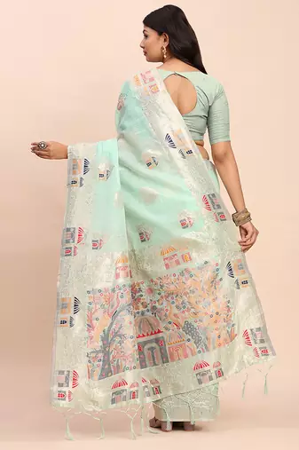 sea green silk blend saree with meenakari paithani pallu