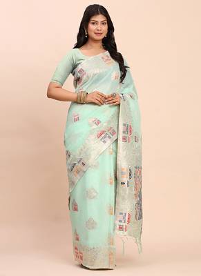 sea green silk blend saree with meenakari paithani pallu 3