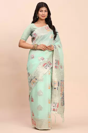 sea green silk blend saree with meenakari paithani pallu