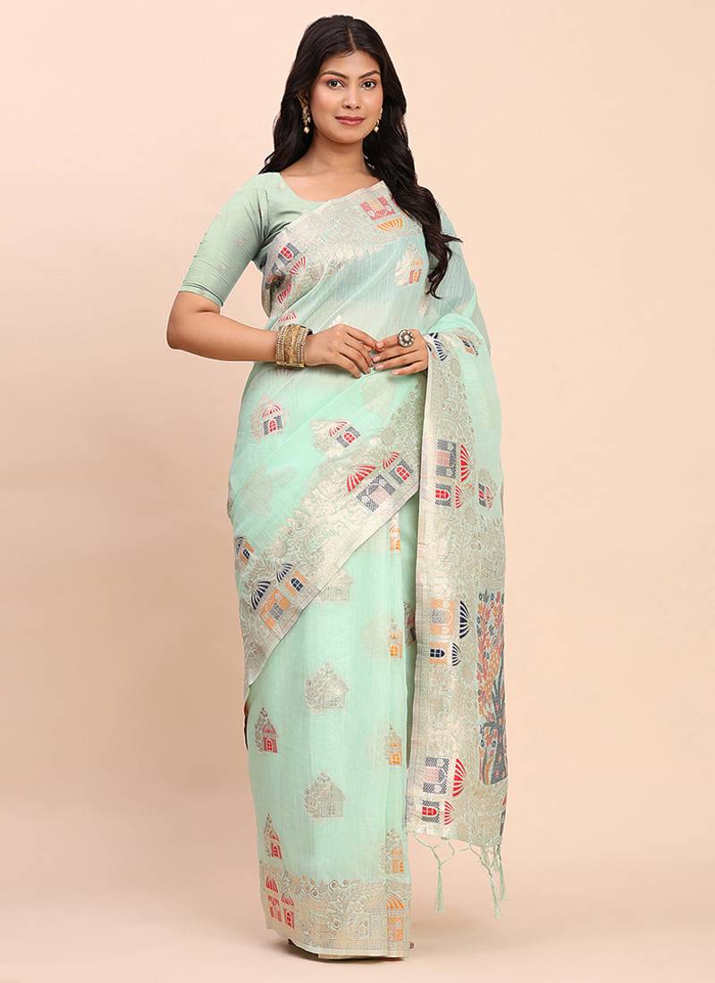 sea green silk blend saree with meenakari paithani pallu