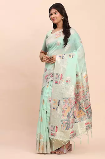 sea green silk blend saree with meenakari paithani pallu