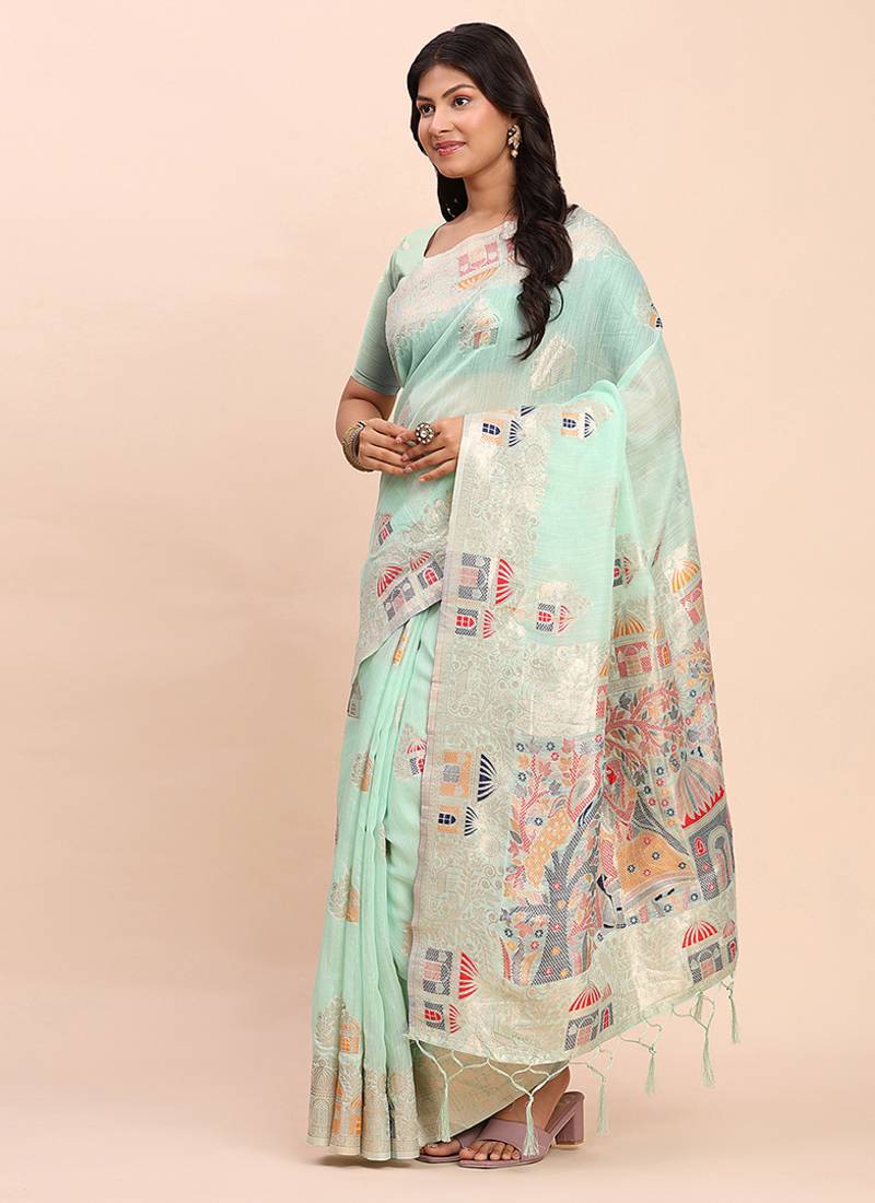 sea green silk blend saree with meenakari paithani pallu
