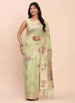 light green green silk blend saree with meenakari paithani pallu 1
