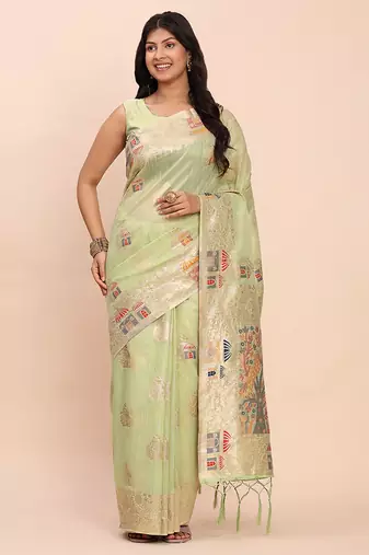 light green green silk blend saree with meenakari paithani pallu