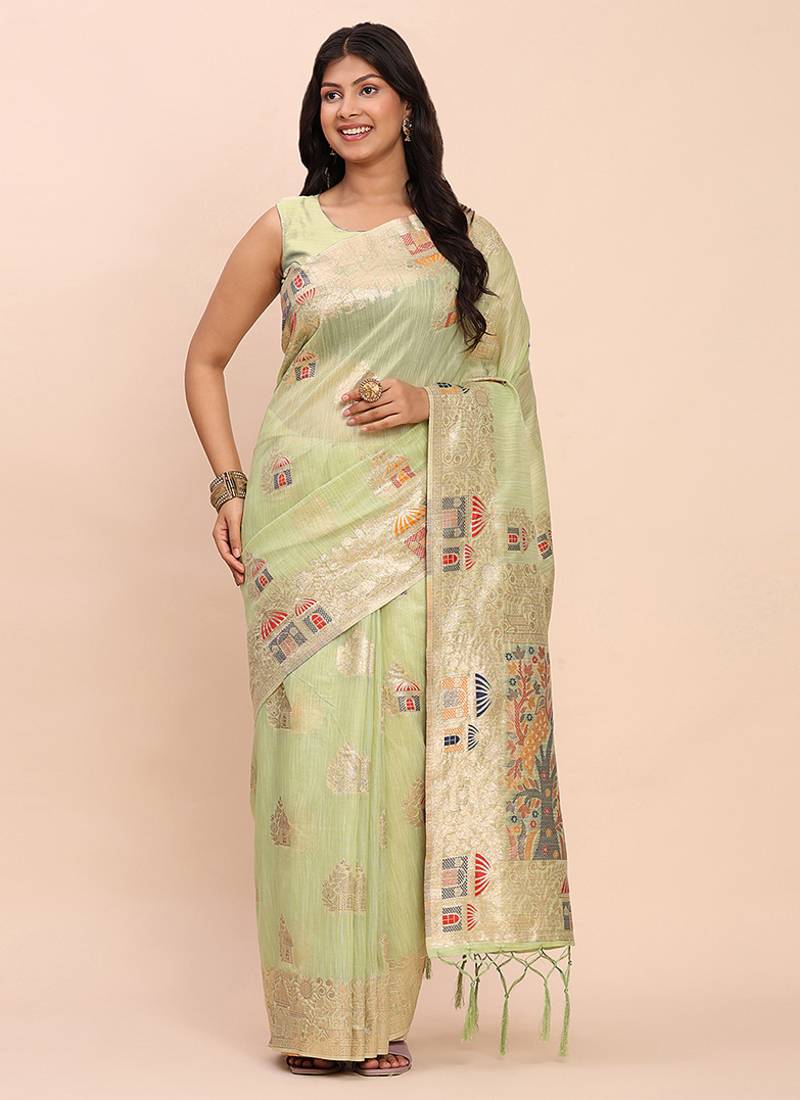 light green green silk blend saree with meenakari paithani pallu