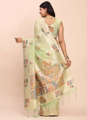 light green green silk blend saree with meenakari paithani pallu 2