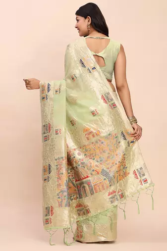light green green silk blend saree with meenakari paithani pallu