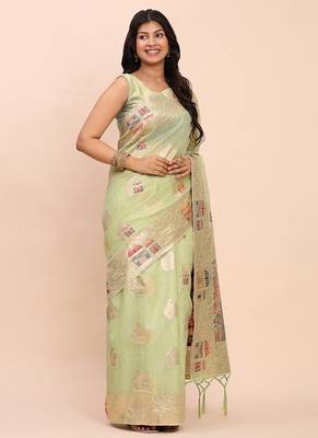 light green green silk blend saree with meenakari paithani pallu 3