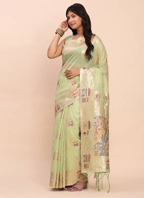 light green green silk blend saree with meenakari paithani pallu 4