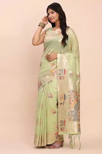 light green green silk blend saree with meenakari paithani pallu