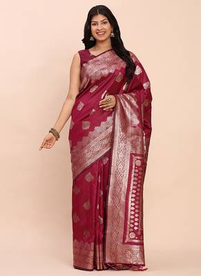 Wine silk blend banarasi style saree with zari weaving 1