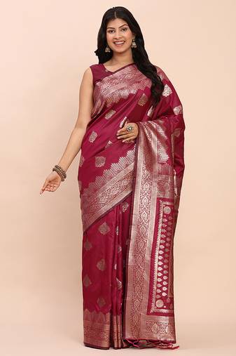Wine silk blend banarasi style saree with zari weaving