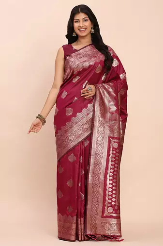 Wine silk blend banarasi style saree with zari weaving