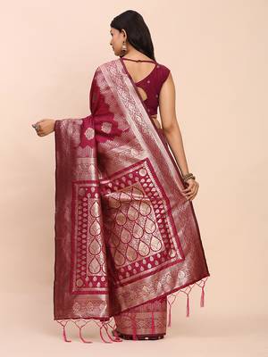 Wine silk blend banarasi style saree with zari weaving 2