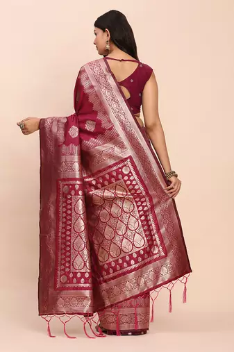 Wine silk blend banarasi style saree with zari weaving
