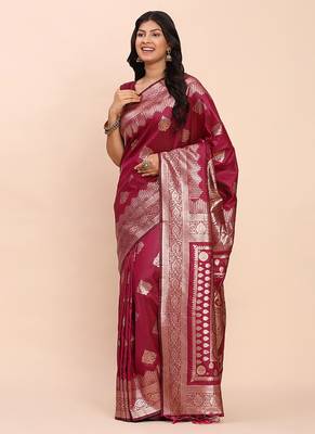 Wine silk blend banarasi style saree with zari weaving 3
