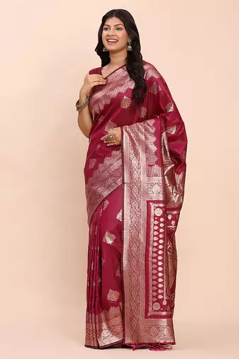 Wine silk blend banarasi style saree with zari weaving