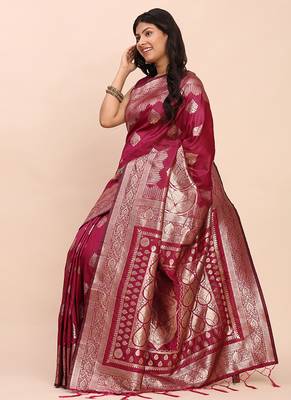Wine silk blend banarasi style saree with zari weaving 4