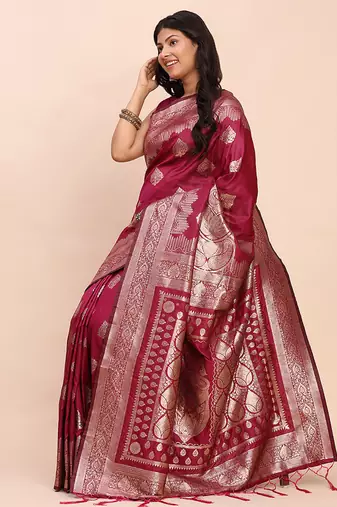 Wine silk blend banarasi style saree with zari weaving