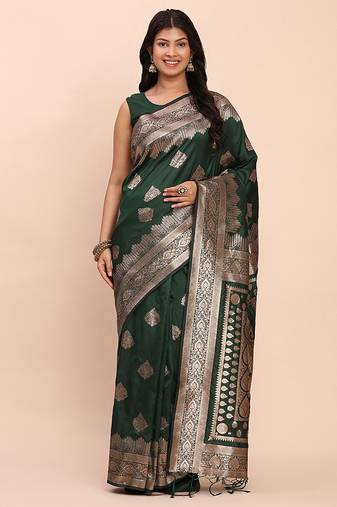 Bottle green silk blend banarasi style saree with zari weaving