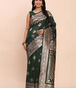 Bottle green silk blend banarasi style saree with zari weaving