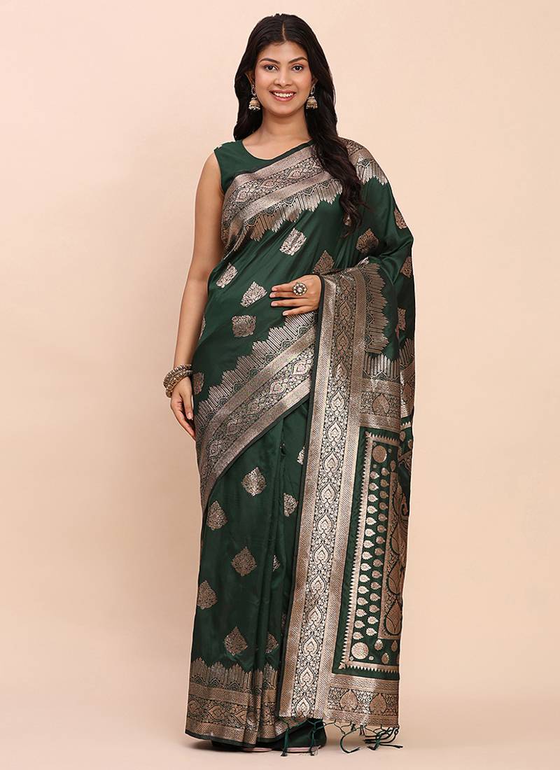 Bottle green silk blend banarasi style saree with zari weaving