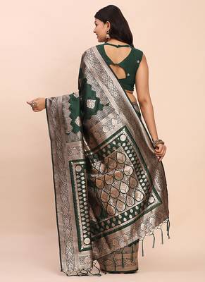 Bottle green silk blend banarasi style saree with zari weaving 2