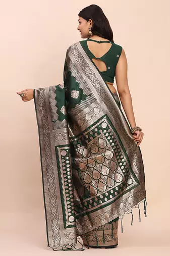 Bottle green silk blend banarasi style saree with zari weaving