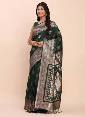 Bottle green silk blend banarasi style saree with zari weaving 3