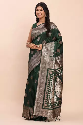Bottle green silk blend banarasi style saree with zari weaving