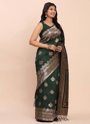 Bottle green silk blend banarasi style saree with zari weaving 4