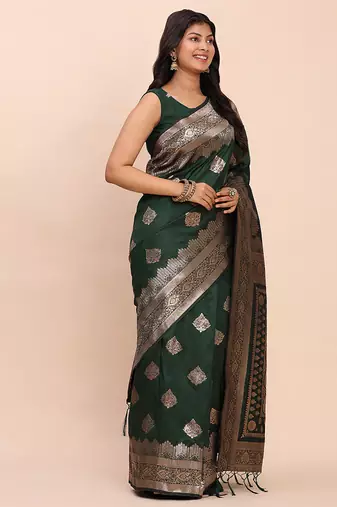 Bottle green silk blend banarasi style saree with zari weaving