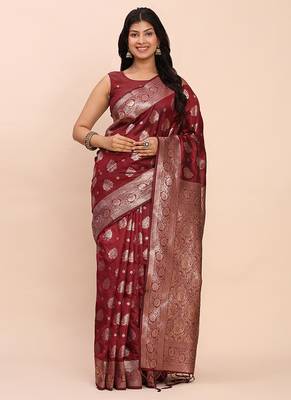 Maroon silk blend banarasi style saree with zari weaving 1