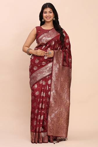 Maroon silk blend banarasi style saree with zari weaving