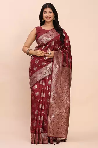 Maroon silk blend banarasi style saree with zari weaving