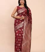 Maroon silk blend banarasi style saree with zari weaving