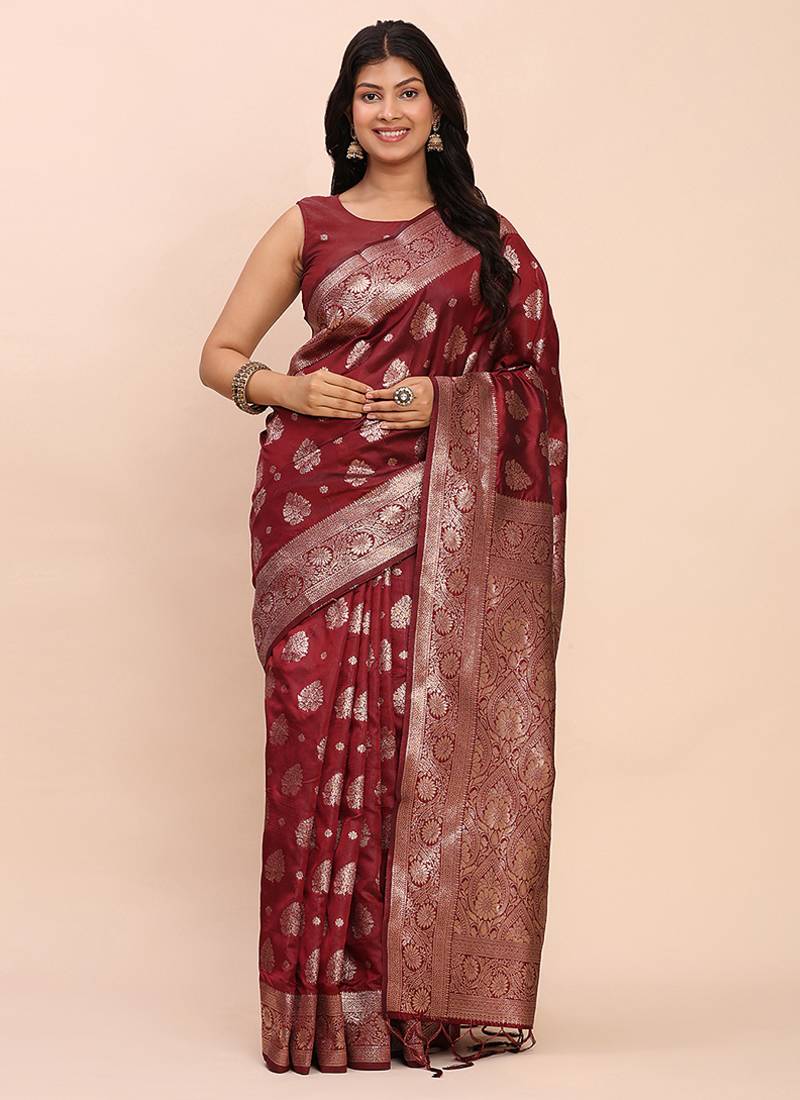 Maroon silk blend banarasi style saree with zari weaving