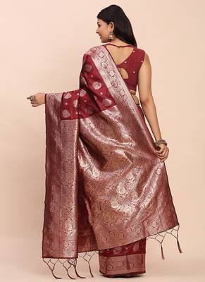 Maroon silk blend banarasi style saree with zari weaving 2